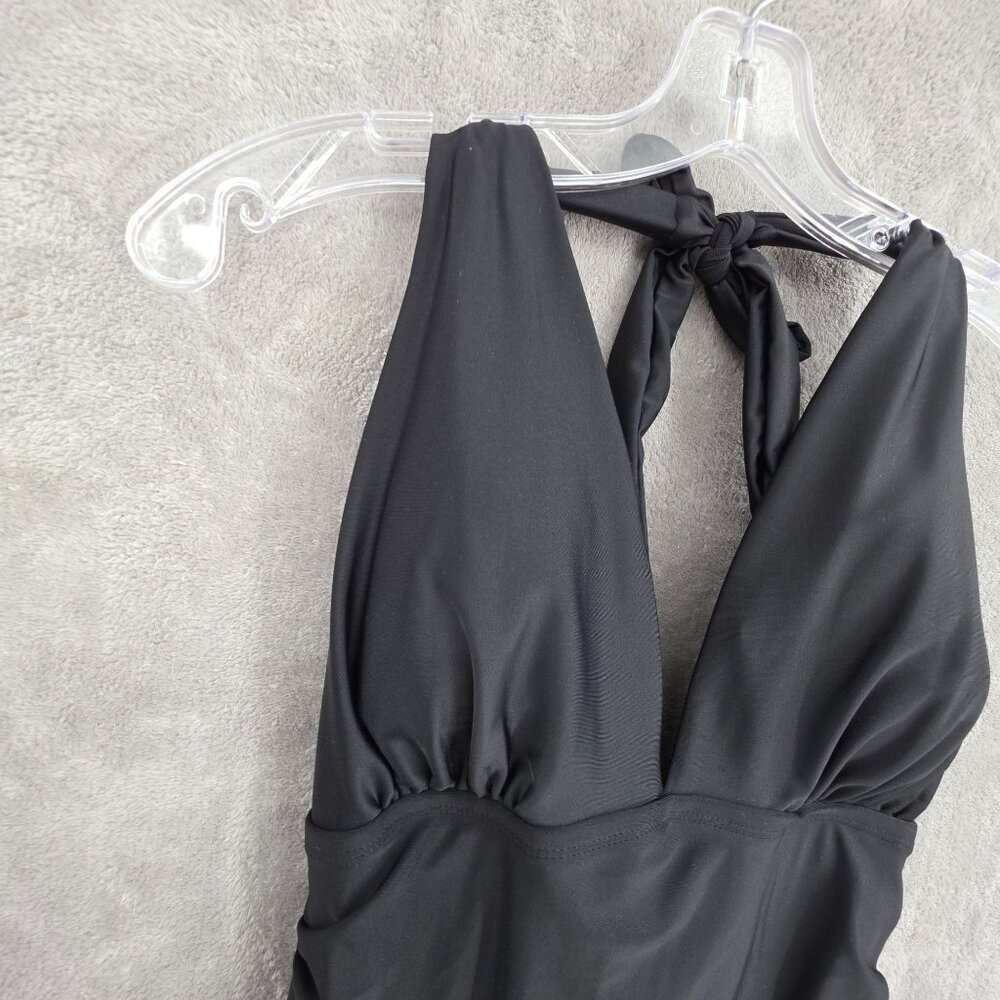 DKNY 1 Piece Swimsuit L Black Halter Ruched Tummy Control Beach Pool Vacay Solid - Picture 3 of 11